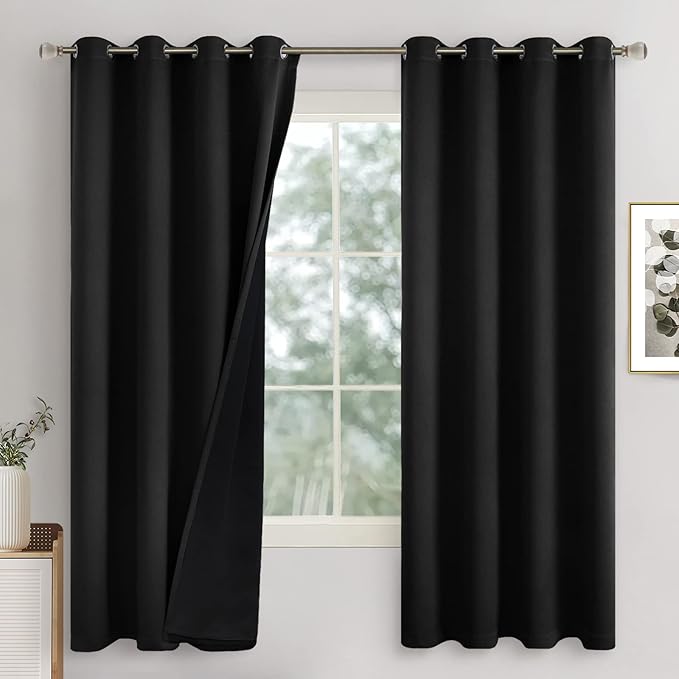 Black Blackout Curtains 72 Inch Length 2 Panels for Living Room, Thermal Insulated 100% Light Blocking Soundproof Grommet Window Curtains for Bedroom with Liner, Each 52 Inch Wide