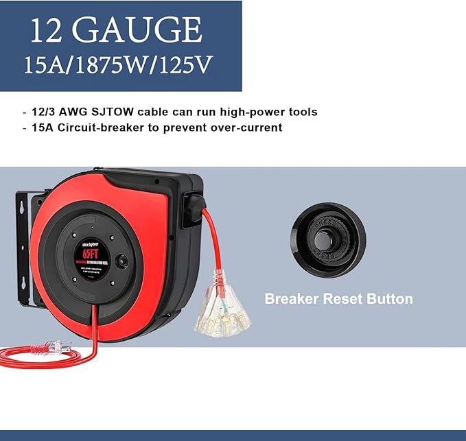 Retractable Extension Cord Reel, 65 Feet 12 AWG/3C SJTOW Heavy Duty Power Cord,15 AMP Circuit Breaker, 3-Lighted Triple Outlets, Ceiling or Wall Mount Use