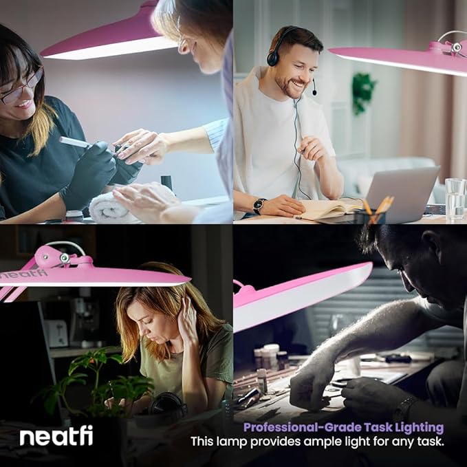Neatfi XL 2,200 Lumens LED Task Lamp, 20W, 182 Pcs SMD LED, Dimmable, 4 Level Brightness, 3 Light Modes, Desk Light for Home, Office, Workbench (CCT, Pink)