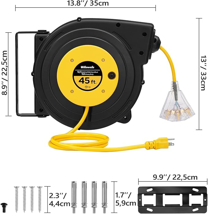 Retractable Extension Cord Reel, 45 FT Heavy Duty Power Cord, 12AWG/3C SJTOW, 3 Grounded Outlets Lighted Triple Tap for Ceiling/Wall Mount, 15 Amp Circuit Breaker, UL Listed, Yellow Y45CR06