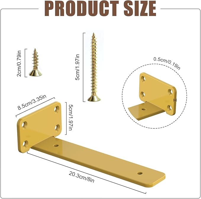 6 PCS Gold Steel Heavy Duty Brackets Without Lip, 8 Inch Supports DIY for Shelves Bracket with 5mm Thick, Industrial Modern Floating Shelf Support for Wall Mount Shelves