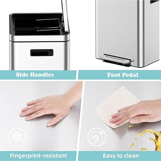 Dual Compartment Trash Can - 2 X 5.3 Gal (2 x 20L) Stainless Steel Trash Can, Double Sorting Bin with Soft Close Lids, Removable Inner Bucket, Step-on Recycling for Kitchen Home Office