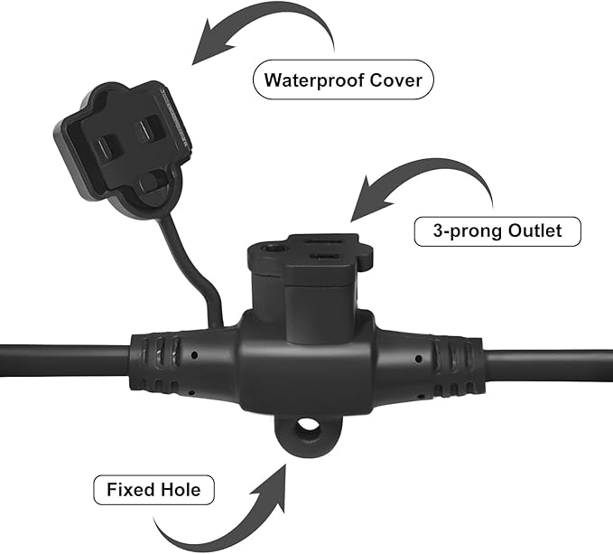 50FT Outdoor Extension Cord,10 Evenly Spaced Outlet Plugs,Black Multiple Outlets with Weatherproof Cover,16/3 SJTW Wire Power Cord.