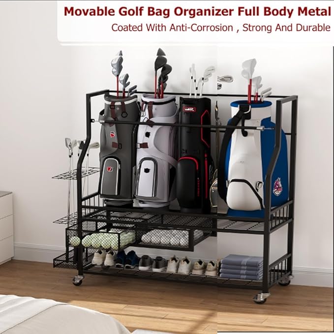 PeakPursuit Golf Bag Organizer and Storage Rack Stand Holder Fits Golf Club Bags and Multiple Golfing Equipment Accessories, Storage Rack with Drawers and Wheels for Indoor/Outdoor Garage, Clubs