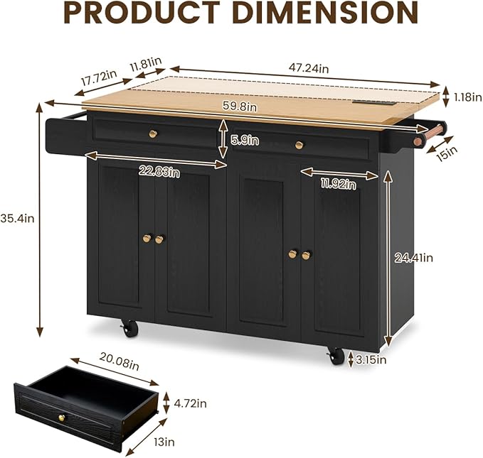 COCO DESIGN 60" Rolling Kitchen Cart with Power Strip & Drop Leaf, Thick Countertop, Large Storage Cabinet & Drawers, Mobile Island with Locking Wheels, Towel Rack and Spice Rack, Black and Oak