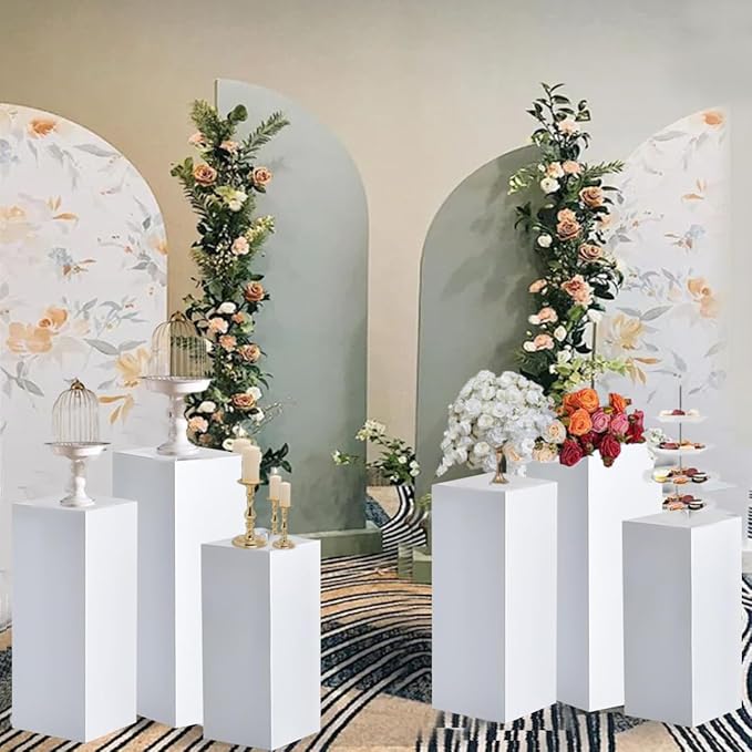 Vincidern 6pcs Square Pedestal Stands for Party, Metal Display Plinth Pillars for Wedding Ceremony Birthday Party Art Decor 31.5*11.8''(2*L), 27.6*11''(2*M), 23.6*10.2''(2*S)