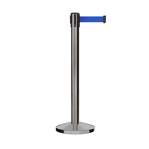 Crowd Control Warehouse CCW Series RBB-150 - Set of 2 Stanchion Retractable Belt Barriers - 16 Foot, Blue Belt with Satin Stainless Steel Post - Easy Assembly