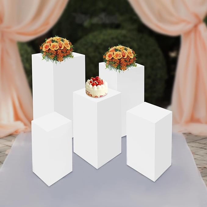 5Pcs White Square Display Pedestal Stands Iron Metal Display Rack, Dessert Table Cube Display Pillars Stand Set with Stable Base for Wedding Party Buffet Bakery Artwork