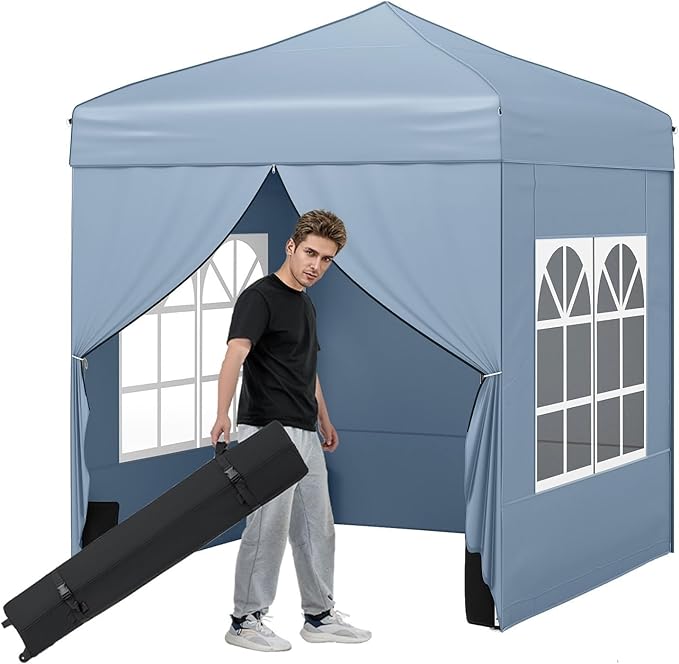 Tangkula 6.5x6.5 FT Pop Up Canopy, UPF50+ Outdoor Canopy Tent with 2 Removable Sidewalls, 2 Zippered Doors, Heavy-Duty Carbon Steel Frame, Wheeled Bag, 4 Sandbags, 8 Stakes, 4 Wind Ropes (Gray)