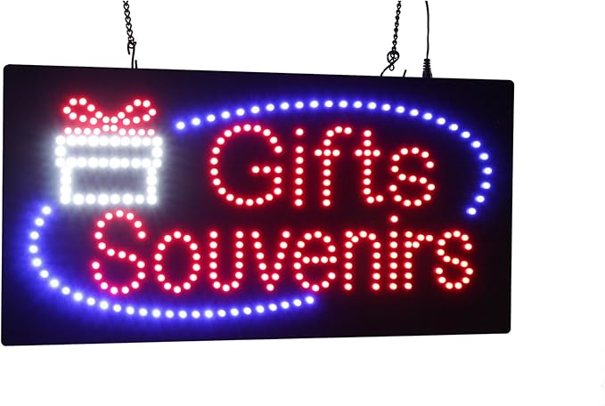Gifts Souvenirs Sign, 19"x10", 48x24cm, TOPKING, LED, Neon, Florescent, Signage, Signboard, Display, Billboard, Screen, Grand Opening, Gift