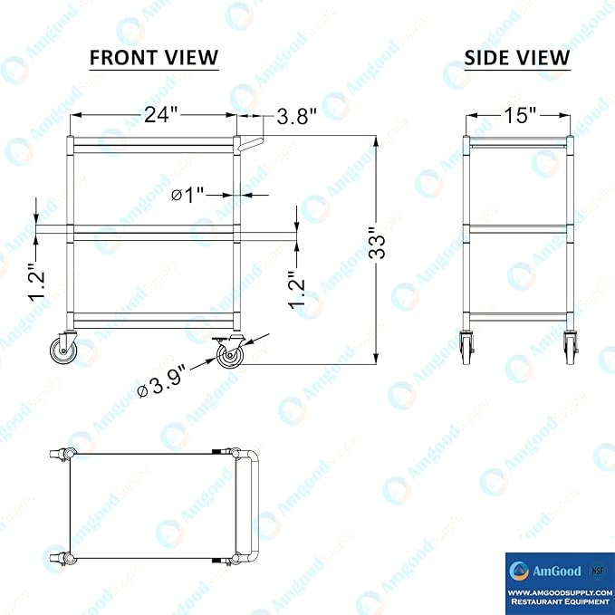 3 Shelf Stainless Steel Tubular Utility Cart | 15 in. Wide x 24 in. Long x 33 in High | Metal Utility Cart on Wheels with Handle | NSF