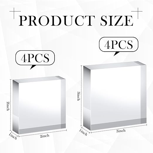 Vicenpal 8 Pcs Acrylic Square Display Block Clear Polished Cube Jewelry Stand Solid Acrylic Pedestal Stand Crystal Ring Showcase Holder Display Base for Riser(3 x 3 x 1 Inch, 2 x 2 x 1 Inch)
