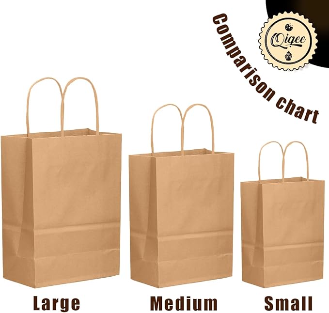 qiqee 100-Packs Brown Paper Gift Bags with Handles Bulk Assorted Sizes(33pcs Large 13", 33pcs Medium 11", 34pcs Small 8")