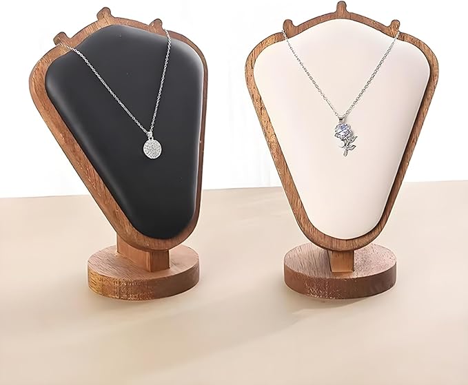 Walnut Color Body Wood Necklace Display Stand with White Leather Soft Mat Necklace Holder Organizer Desktop Stand for Home Store Dresser-3.3"x5.8"x8.4"
