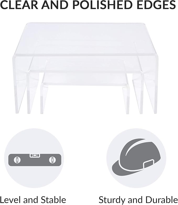 SimbaLux Acrylic Display Risers Clear Stand Set of 3 Small Low Profile Tiered for Showcasing Food, Cupcake, Dessert, Candy, Jewelry, Figurines, Photos, Retail & Home Decoration, Durable & Steady