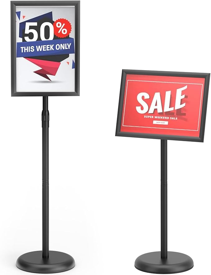 GUOHONG Heavy Duty Sign Stand Adjustable 8.5 x 11 Inch Sign Holder Aluminum Snap Open Frame Floor Poster Stand Vertical Horizontal Black