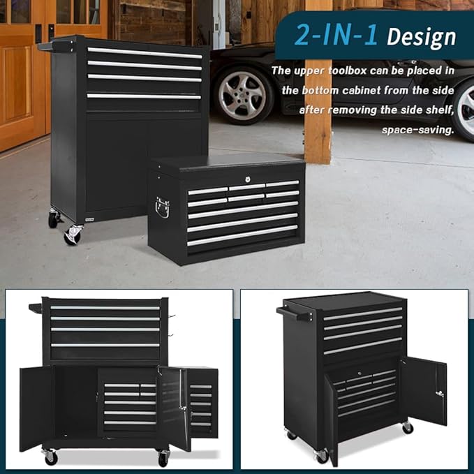 13-Drawer Rolling Tool Chest with Double Door, Extra Large Storage Cabinets with Tool Box, 2-in-1 Detachable Design, 600 lbs Capacity with Lockable Wheels for Garage, Mechanic, Professional & Home Use