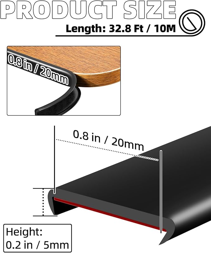 U-Shape Black TPE Edge Banding 32.8Ft Self-Adhesive Flexible Edge Trim, Furniture Edge Protector & Countertop Molding (W:0.8'' H:0.2'')