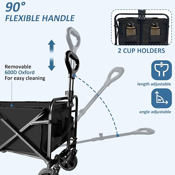 Collapsible Utility Cart Folding Wagon, 220 lbs Capacity Lightweight Rolling Cart with Quiet Wheels, Quick-Fold Design for Camping, Shopping, Ourdoor Use, Black