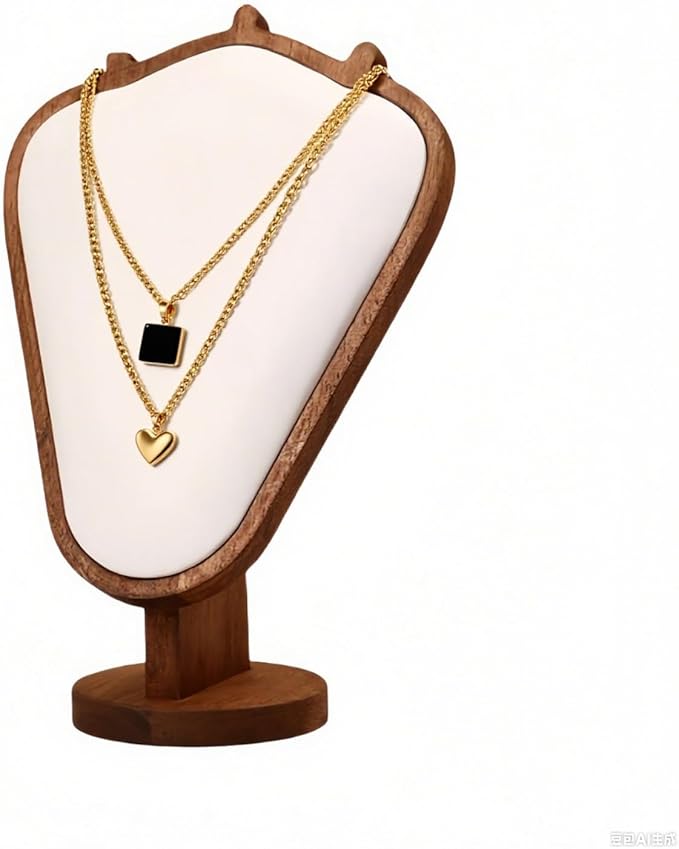 Walnut Color Body Wood Necklace Display Stand with White Leather Soft Mat Necklace Holder Organizer Desktop Stand for Home Store Dresser-4.45"x8.4"x12"