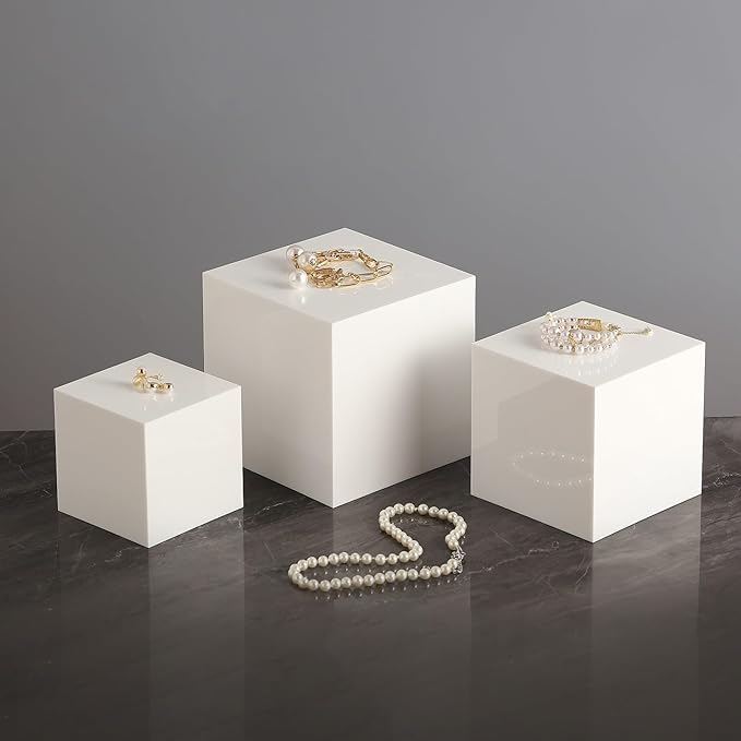Glossy White Acrylic Cubes Display Nesting Risers,for displays and photography,displaying jewelry, cosmetics, figures,for retail counter,exhibition, Set of 3(4",5",6" cubes) (Glossy White)