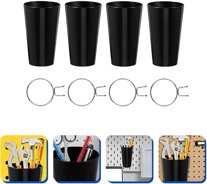 4 Sets Pegboard Hooks and Pegboard Cup Holders Kit with 8Cm Diameter Compatible with 500Ml Cups Multipurpose Workshop and Craft Room Organizer