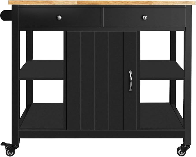 ChooChoo Kitchen Islands on Wheels with Wood Top, Utility Wood Movable Kitchen Cart with Storage and Drawers, Black
