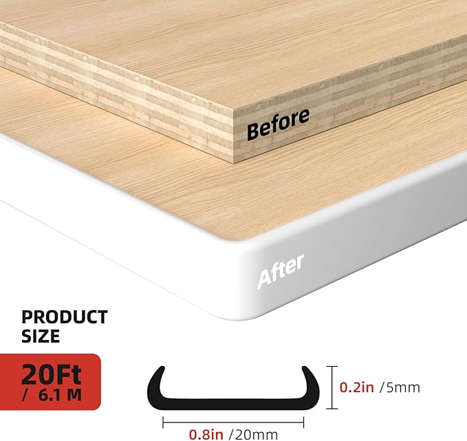 U-Shape Edge Banding, 0.8 inch x 20ft Edge TPE Self Adhesive Veneer Edging Trim Flexible Edge Protector, Strip for Countertop Cabinets Table Restoration Shelves, White