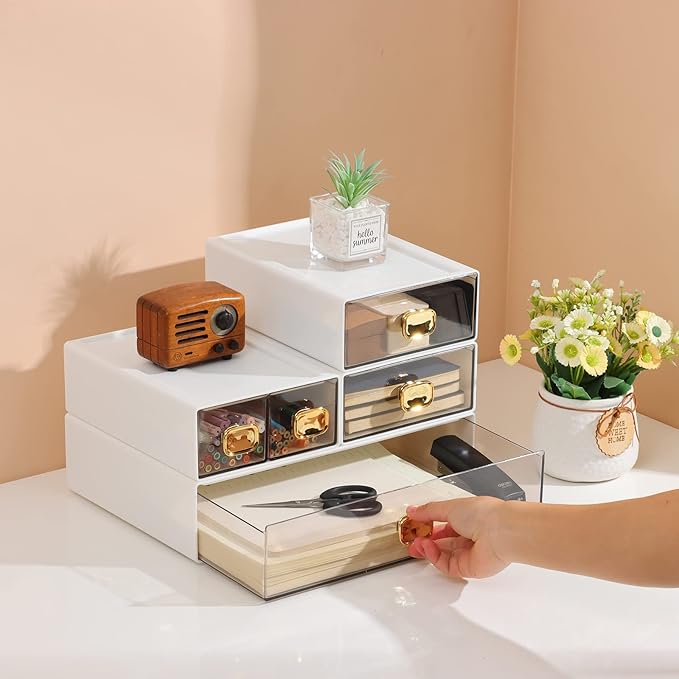 Spacious Desktop Storage Box, 1 Large 1 Middle & 2 Small Storage Drawers, Stackable Office Desk Drawer Organizer and Accessories, Printer Paper Organizer, White Plastic Drawers for Workspace