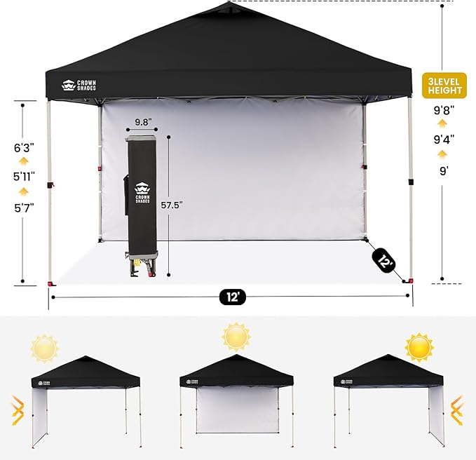 CROWN SHADES 12x12 Pop Up Canopy Tent Instant Commercial with 150D Silver Coated Fabric Including 1 Removable Sidewall, 4 Ropes, 8 Stakes, Weight Bags, STO 'N Go Bag, Black