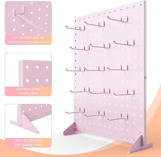 Peg Board Display Stand with 15 Hooks, Tabletop Metal Pegboard Shelf for Craft Shows & Fairs, Retail Stores, Vendors Arts and Crafts Finishing - 17x13Inch & Pink