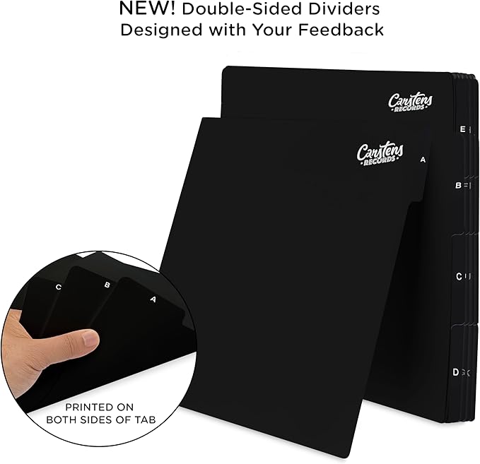 Carstens Records Heavy Duty Vinyl Album Dividers | 12" LP Separators with Tabs | Made in The USA | Music Organizer Tabs for Collectors (Black, Double-Sided, A-Z Vertical Tabs, 26 Tab Set)