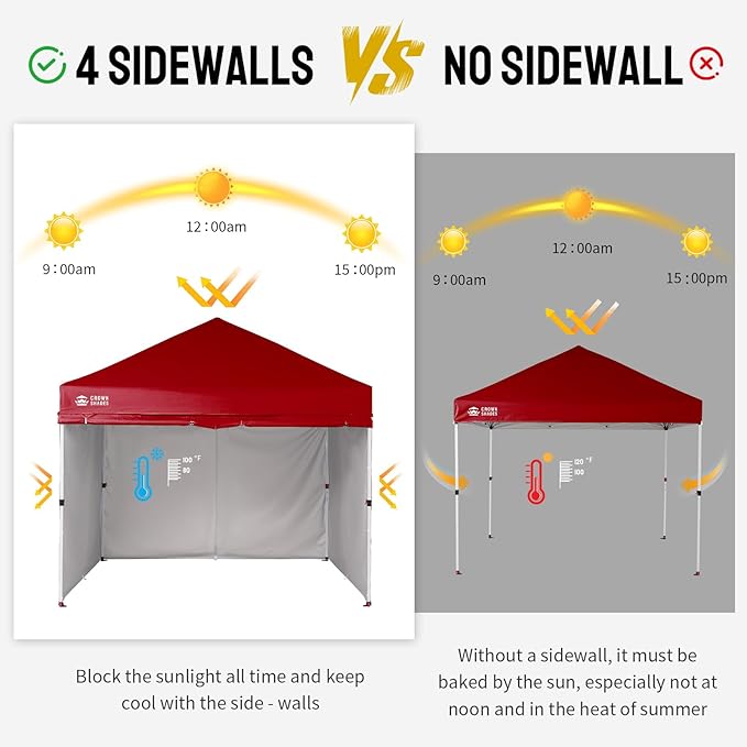 CROWN SHADES 10X10 Comercial Instant Canopy Pop Up Tent with Center Lock, 300D Fabric, 4 Sidewalls, Sto'N Go Bag, Red