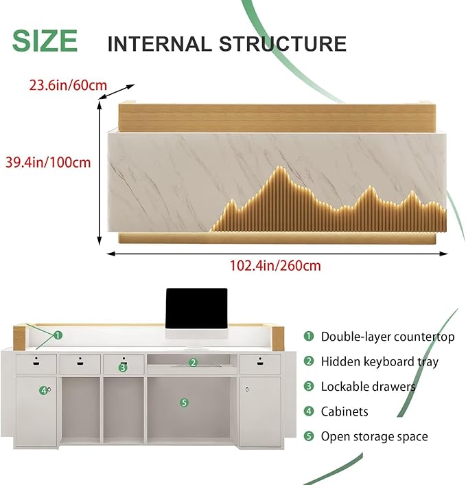 Modern Reception Desk with Counter Front Reception Table with Hidden LED Lighting Commercial Receptionist Desk Wood and White Checkout Counter Fully Assembled and Ready to Use 102inch/260cm