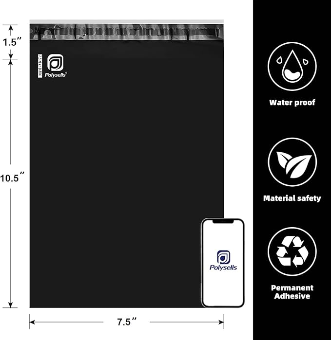 POLYSELLS 100 pcs 7.5x10.5 Inches Black Poly Mailers Shipping Envelopes, Strong Adhesive Sealing, Waterproof, and Tear-resistant Postal Mailing Bags for Clothing, Books, and Accessories