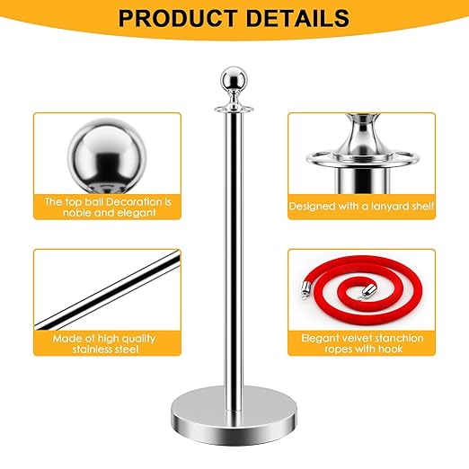 LOVMOR Crowd Control Stanchion, Rope Safety Barriers with 5 ft Red Rope, Red Carpet Poles for Theaters Hotels Clubs Party Ceremony, 4PCS