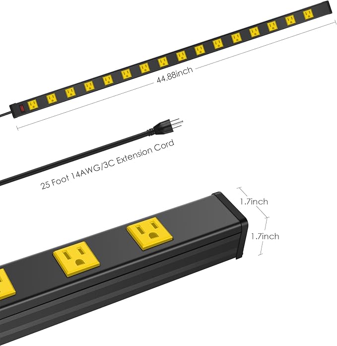 JUNNUJ Long Metal 16 Outlet Wide Spaced Garage Industrial Heavy Duty Power Strip with 25 FT Cord 15A, 125V, 1875W. Yellow