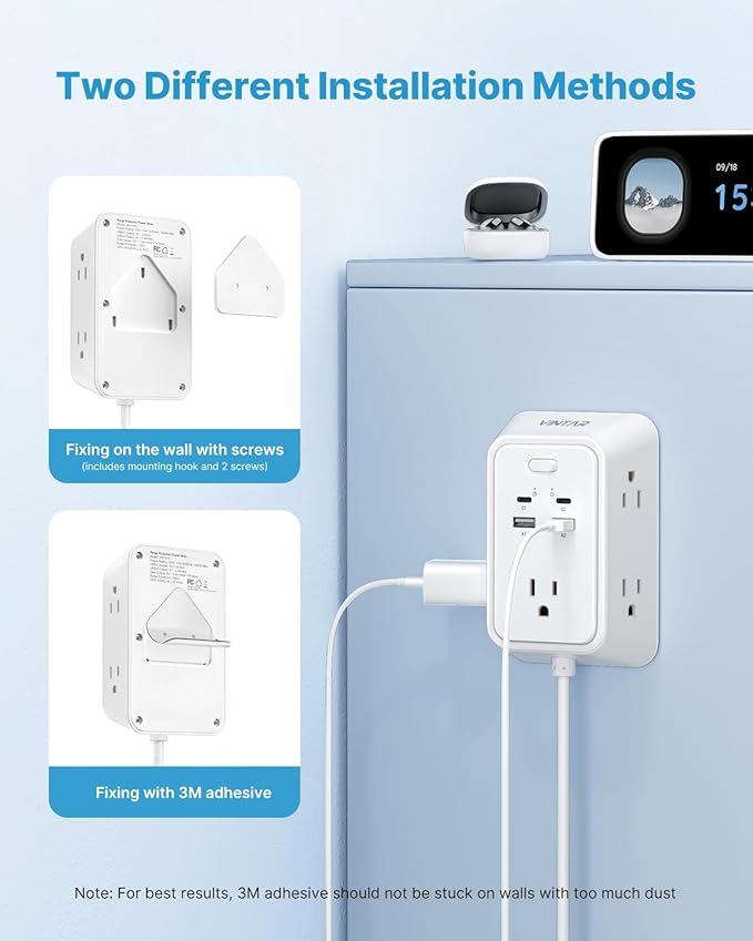 6ft Flat Plug Extension Cord, VINTAR Multi Outlet Extender with 5 Outlets and 4 USB Ports (2 USB-C), 3-Sided Wall Mount Charger, 1800J Surge Protector Power Strip for Home, Office, College Dorm