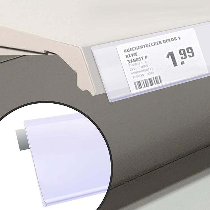 Shelf Label Strips, Pro Painter 25 Pack Self Adhesive 1.5”H Shelf Strip Price Tag Holder for Plastic, Metal and Wood Gondola Shelf, Clear Plastic Front/White Back Sign Holder for 48” Long Shelf