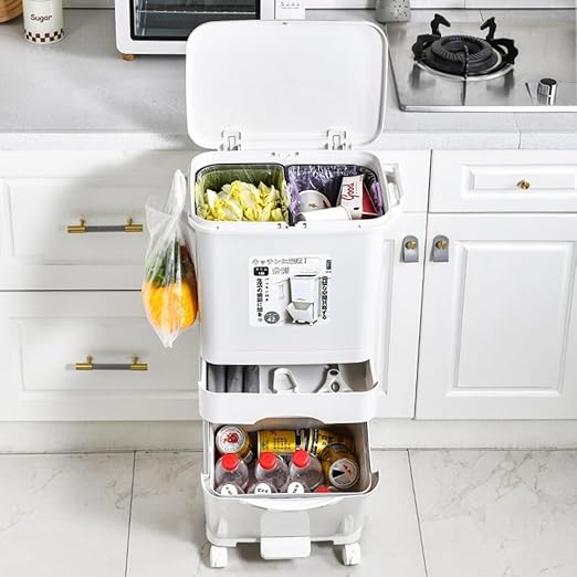 Double Layers Double Barrel Waste Sorting Bin with Wheels & Lid - Large Vertical Garbage Can for Kitchen, Bathroom, Home & Office