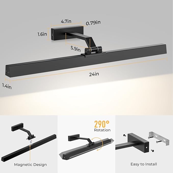 Picture Lights for Wall, Battery Operated Picture Light 24in Gallery Light for Paintings CCT Dimmable Recharging Battery Wall Light with Remote Control for Living Room Gallery Dartboard 2PCS