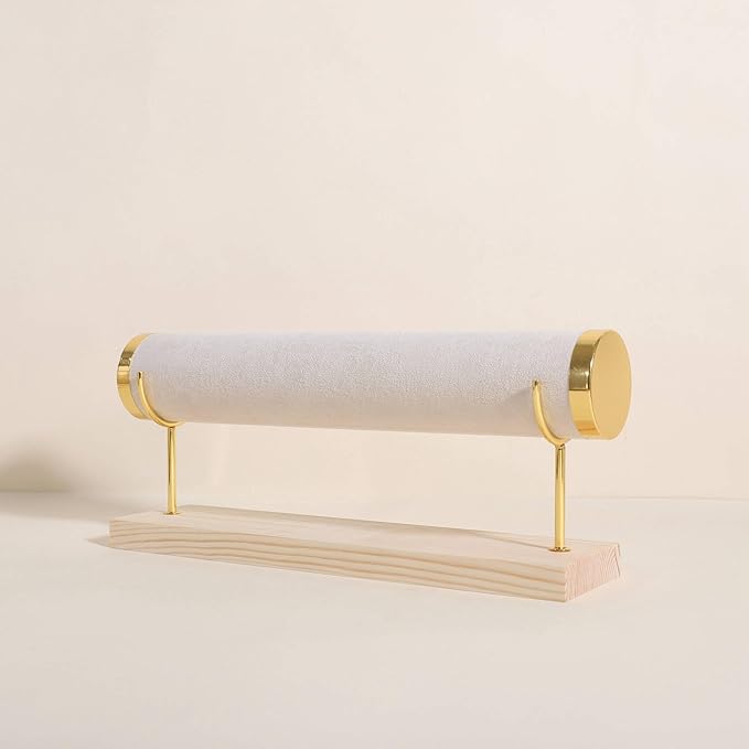 GemeShou Velvet Bangle storage oragenizer for selling,Beige bracelet storage rack for boutique store, Velvet wrap watch holder with wooden base for women girls【Bracelet holder-one tier】