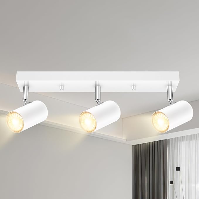 Plug in Track Lighting, 3 Light Ceiling Lighting Kit, White 3 Way Modern Wall Spotlight, 15 FT Cord,Flexibly Rotatable Complete Light Kits for Kitchen Cabinet Gallery Bar Living Room（No Bulb）