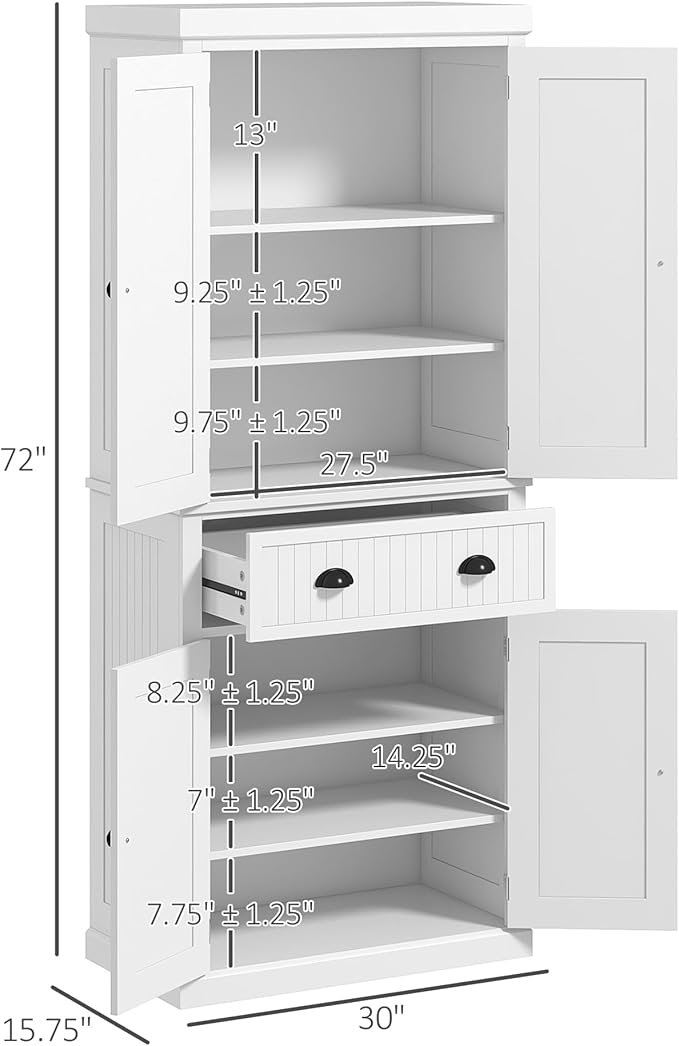 HOMCOM 72" Kitchen Pantry Cabinet, Freestanding Tall Storage Cabinet, Traditional Kitchen Cabinet with 4 Doors, Drawer and 3 Adjustable Shelves for Dining Room, White