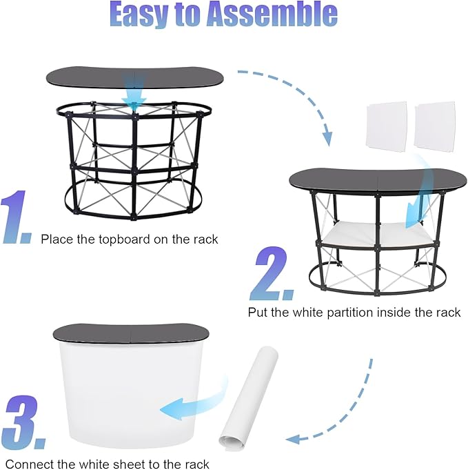 Portable Tradeshow Podium Table, 51.97x15.75x35.43Inch Curved Pop Up Table Foldable Retail Bar Table Reception Desk Speech Stand with Storage Rack for Checkout Exhibition Promotion Retail
