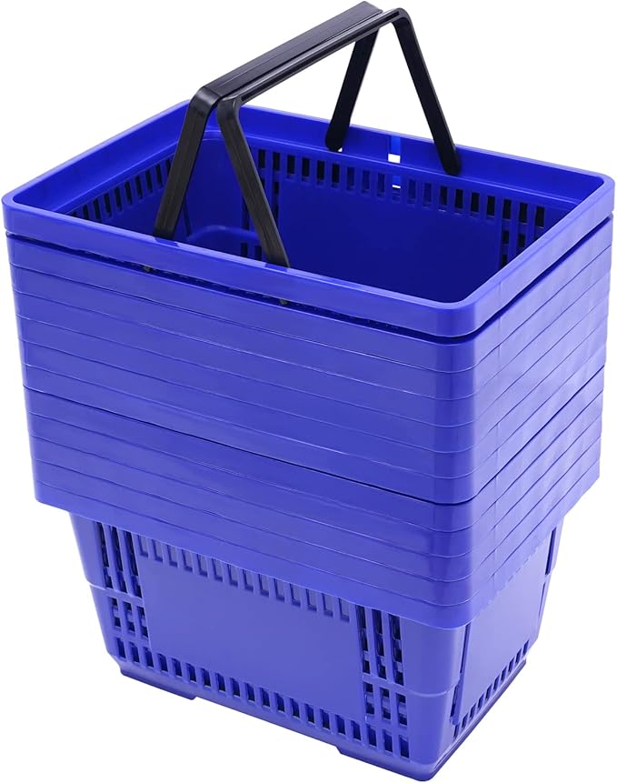 12PCS Shopping Baskets with Handles, 21L Plastic Grocery Basket for Retail Store, Supermarket, Grocery Shopping |17" x 12" x 9" Portable Shop Basket (Blue)