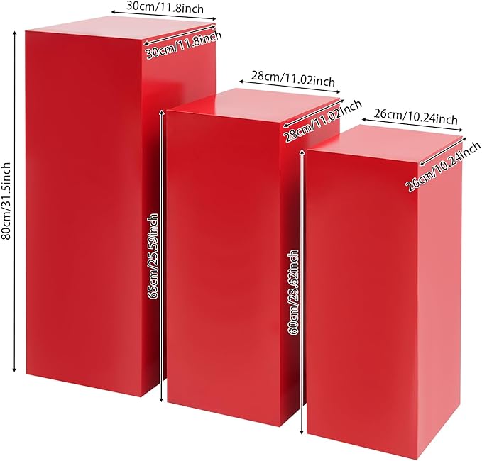 6pcs Metal Square Pedestal Stand, 23.6"/25.6"/31.5" Red Display Plinth Pillars for Party, Decorative Cube Sculpture Column, Tall Pedestal Cake Stands for Wedding Ceremony