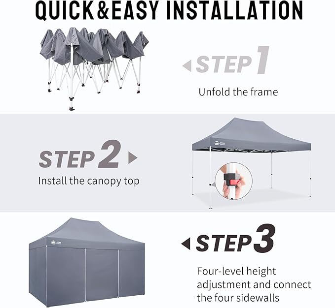 CROWN SHADES 10x15 Pop Up Canopy Tent, Thicken Frame Commercial Heavy Duty Tent with 4 Sidewalls 8 Stakes & 4 Sandbags & 4 Ropes, Outdoor Canopies for Events, Parties,Grey