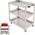3 Tier Stainless Steel Utility Cart with Wheels and Handle, Commercial Heavy Duty Metal Food Cart Service Cart for Kitchen, Restaurant, Laboratory, 31.5 * 18.9 * 35.4in