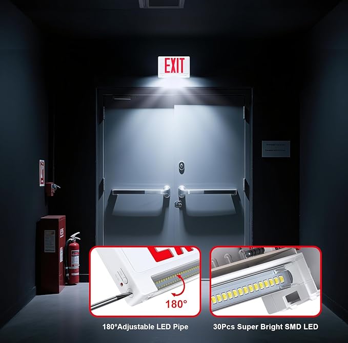 Exit Signs with Emergency Lights Battery Backup, UL Listed Double-Sided Exit Sign with Adjustable Light Pipe, Hardwired Compact Commercial Lighted Exit Sign, 120/277V Top/Side/Wall Mount (1 Pack)